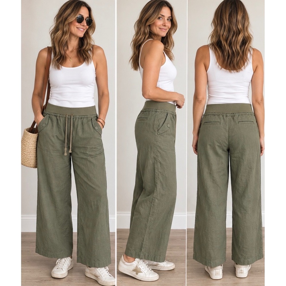 London Jean Olive Green 100% Linen Wide Leg Drawstring Pants Size S Boho Travel